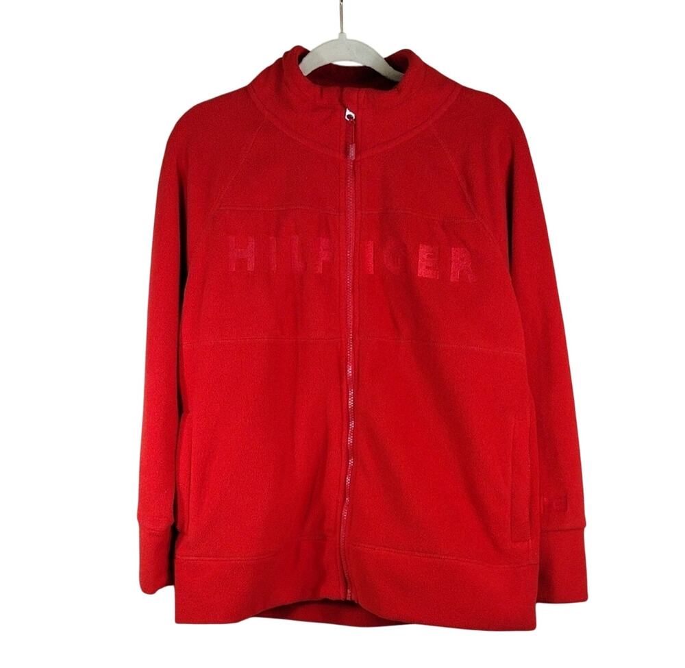 Tommy Hilfiger Sport Fleece Jacket Women’s Large Red Athletic Zip Up Logo